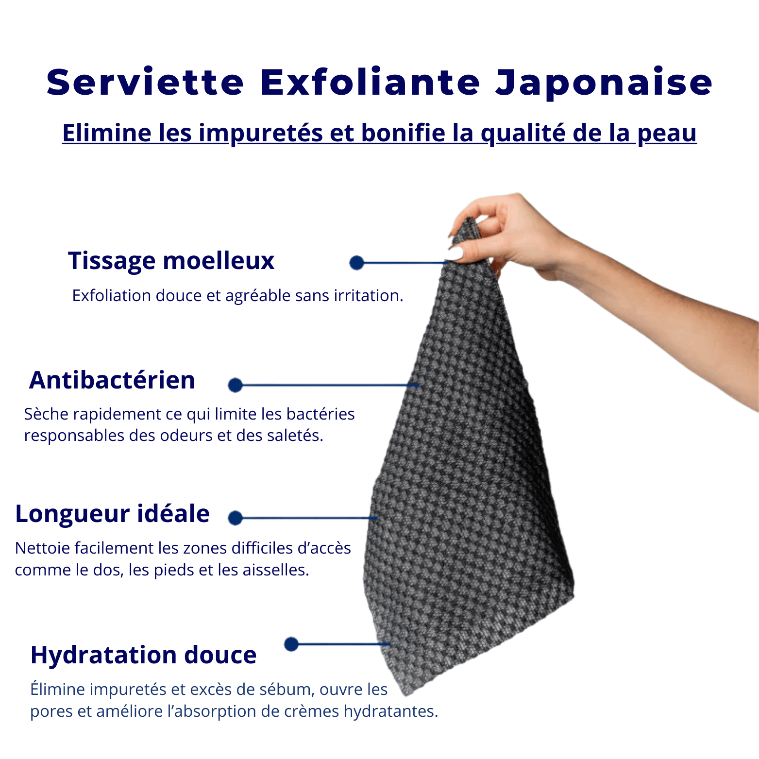 Serviette de douche japonaise exfoliante et antibactérienne